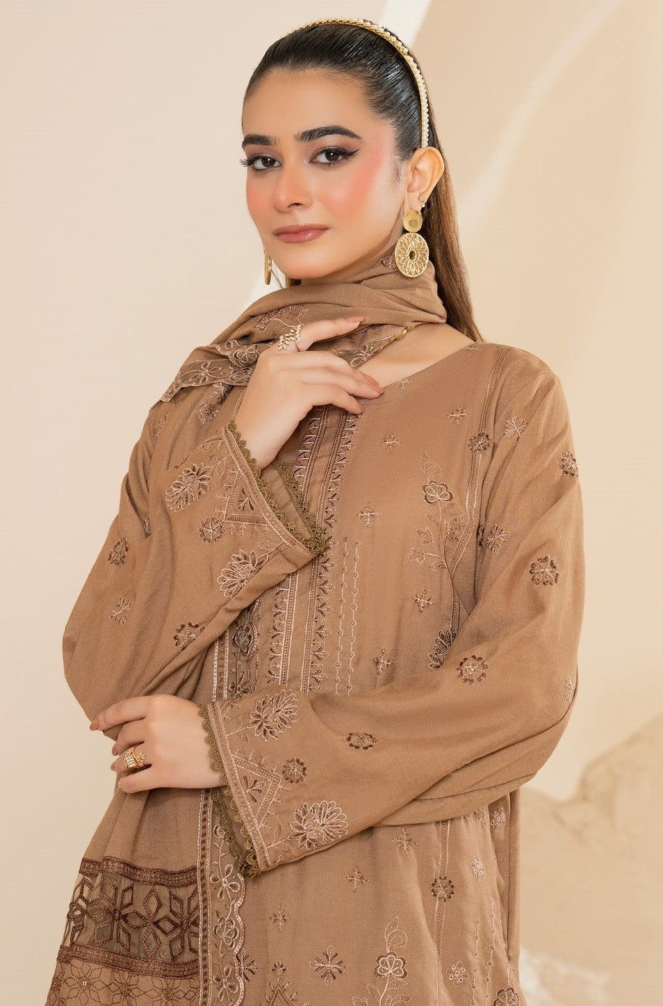 AANGAN-3 Piece Embroidered Self Slub Peach (Unstitched)