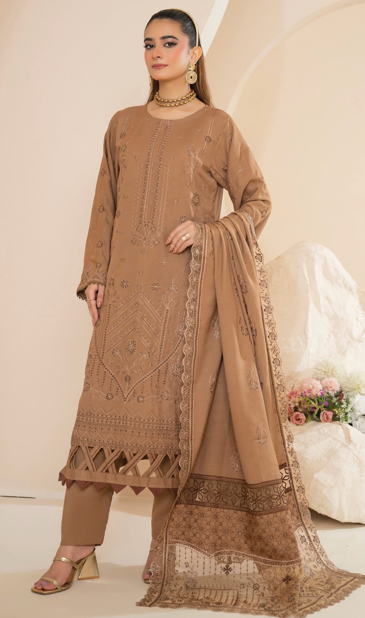 AANGAN-3 Piece Embroidered Self Slub Peach (Unstitched)