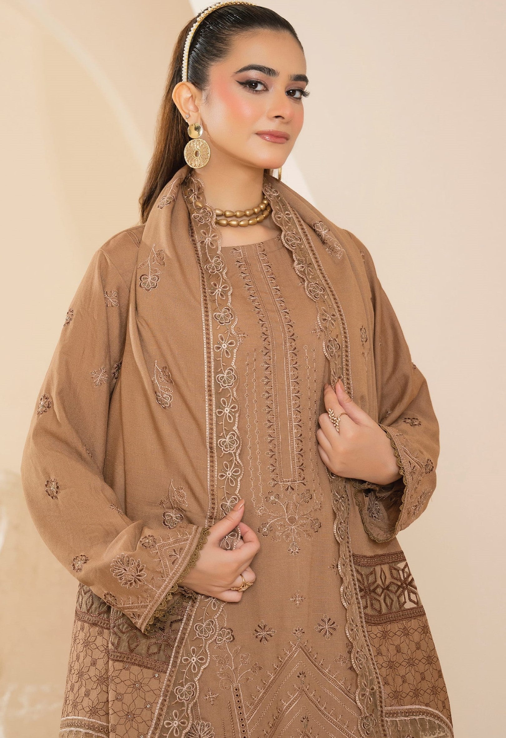 AANGAN-3 Piece Embroidered Self Slub Peach (Unstitched)