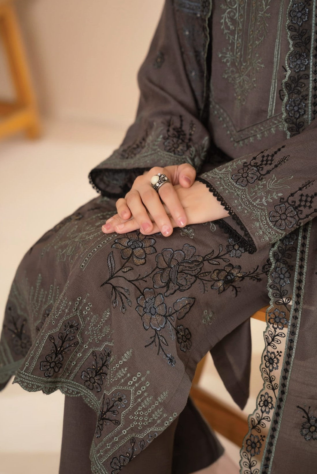 AANGAN-3 Piece Embroidered Self Slub Peach (Unstitched)