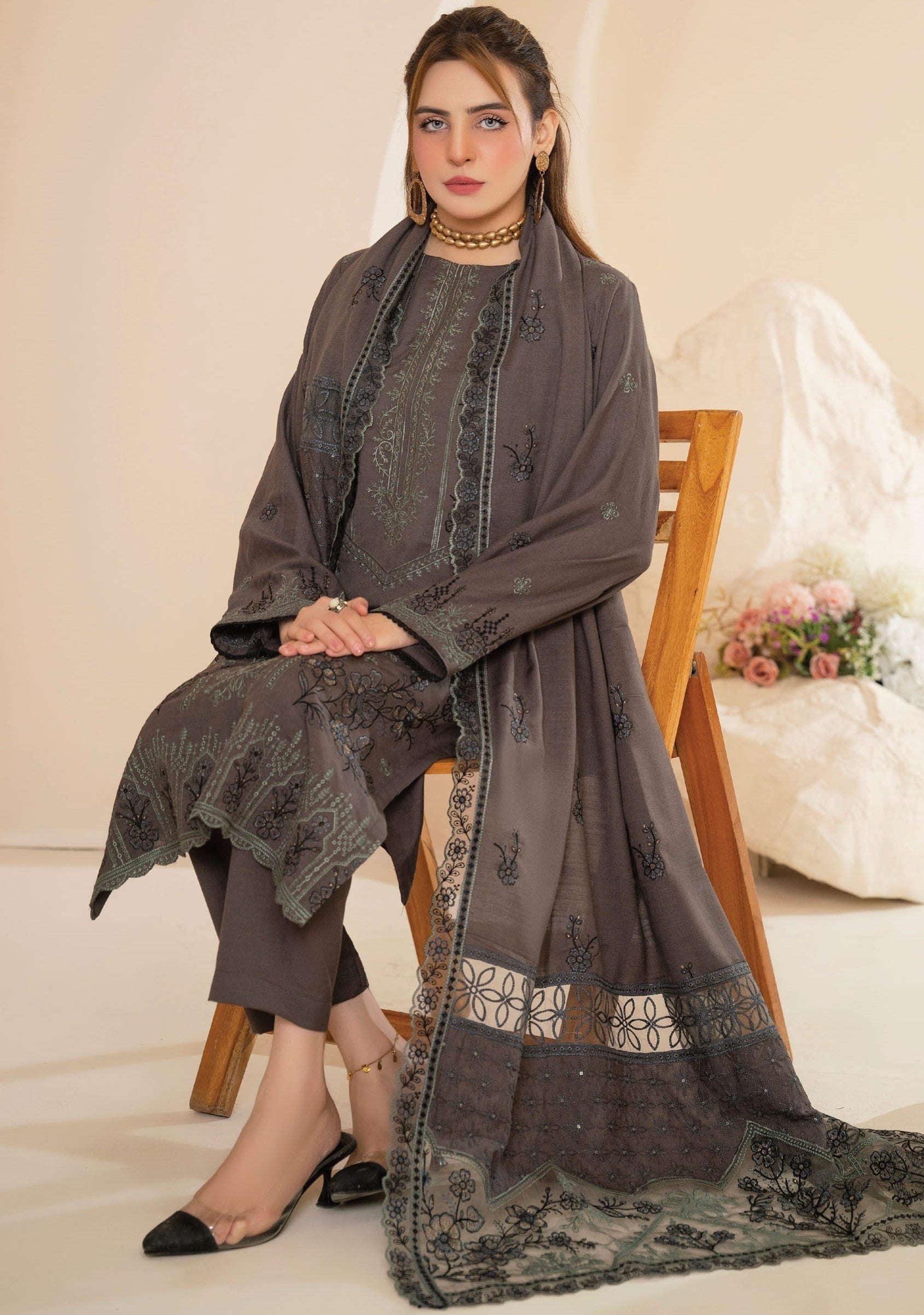 AANGAN-3 Piece Embroidered Self Slub Peach (Unstitched)