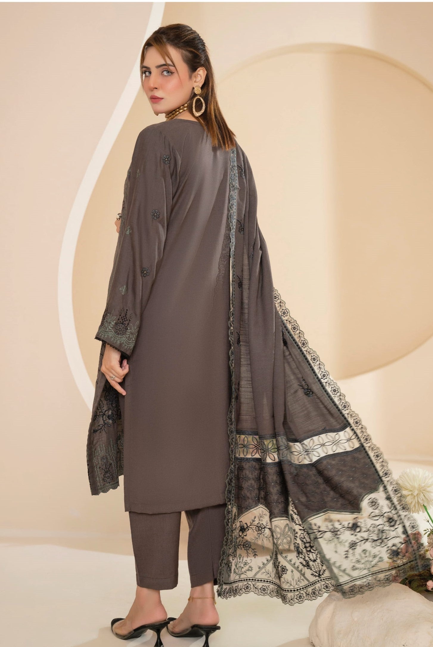 AANGAN-3 Piece Embroidered Self Slub Peach (Unstitched)