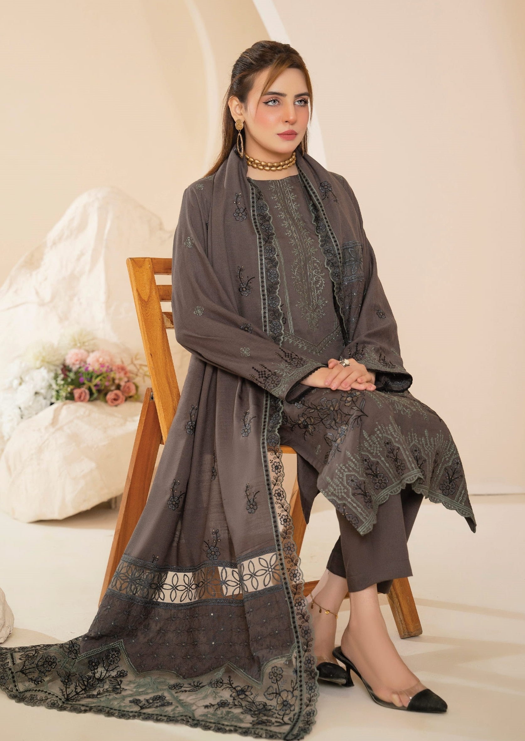 AANGAN-3 Piece Embroidered Self Slub Peach (Unstitched)