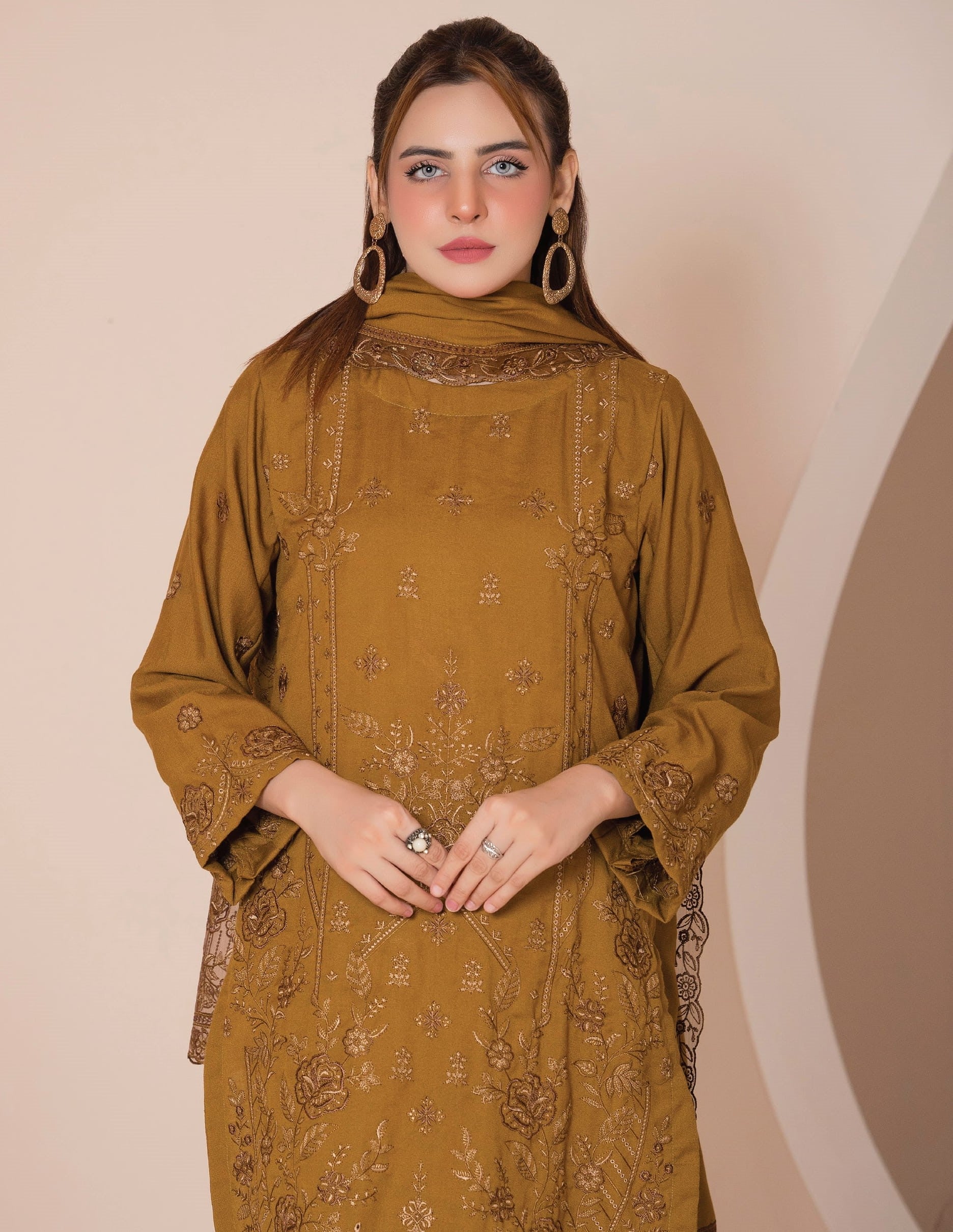 AANGAN-3 Piece Embroidered Self Slub Peach (Unstitched)