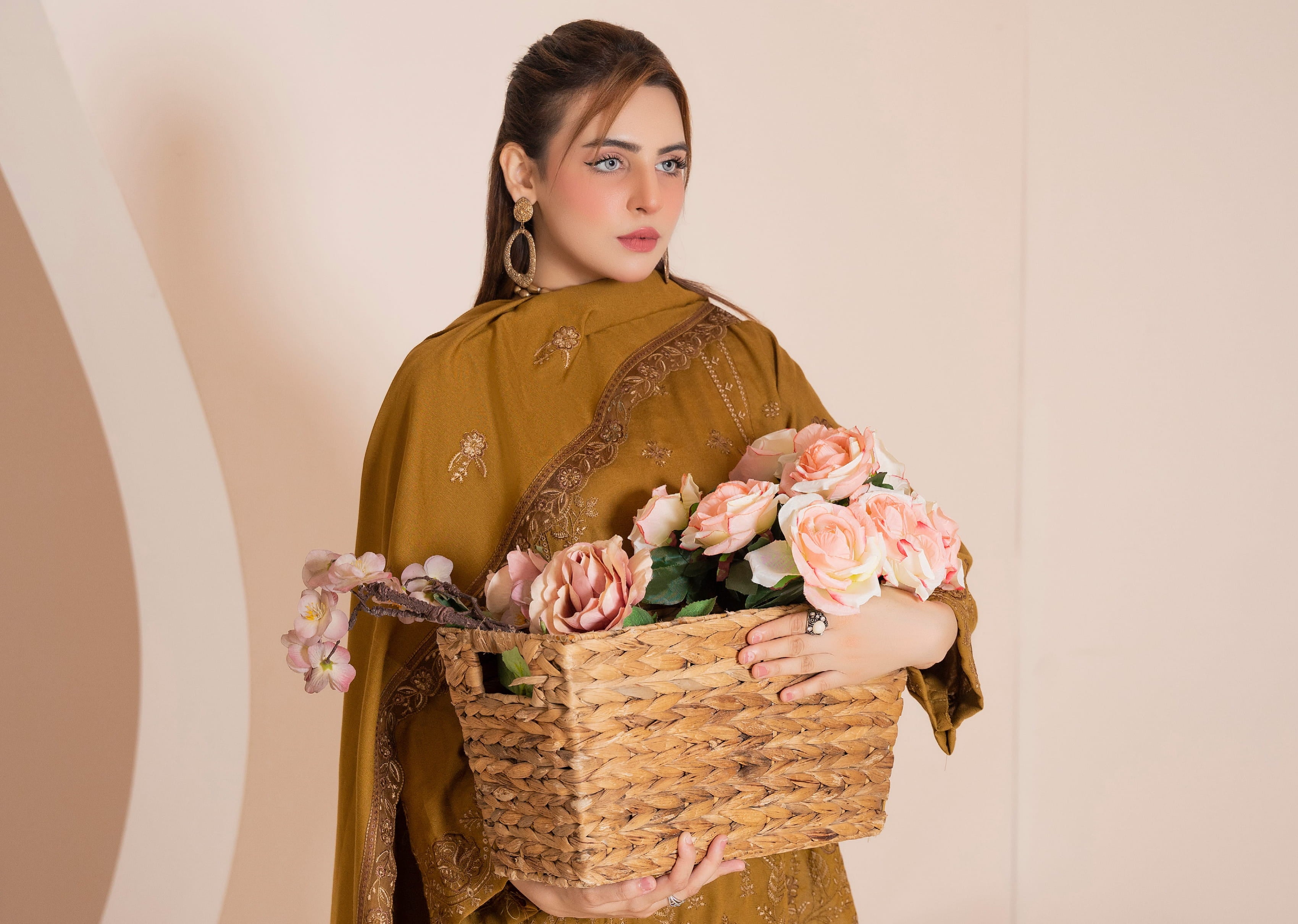 AANGAN-3 Piece Embroidered Self Slub Peach (Unstitched)