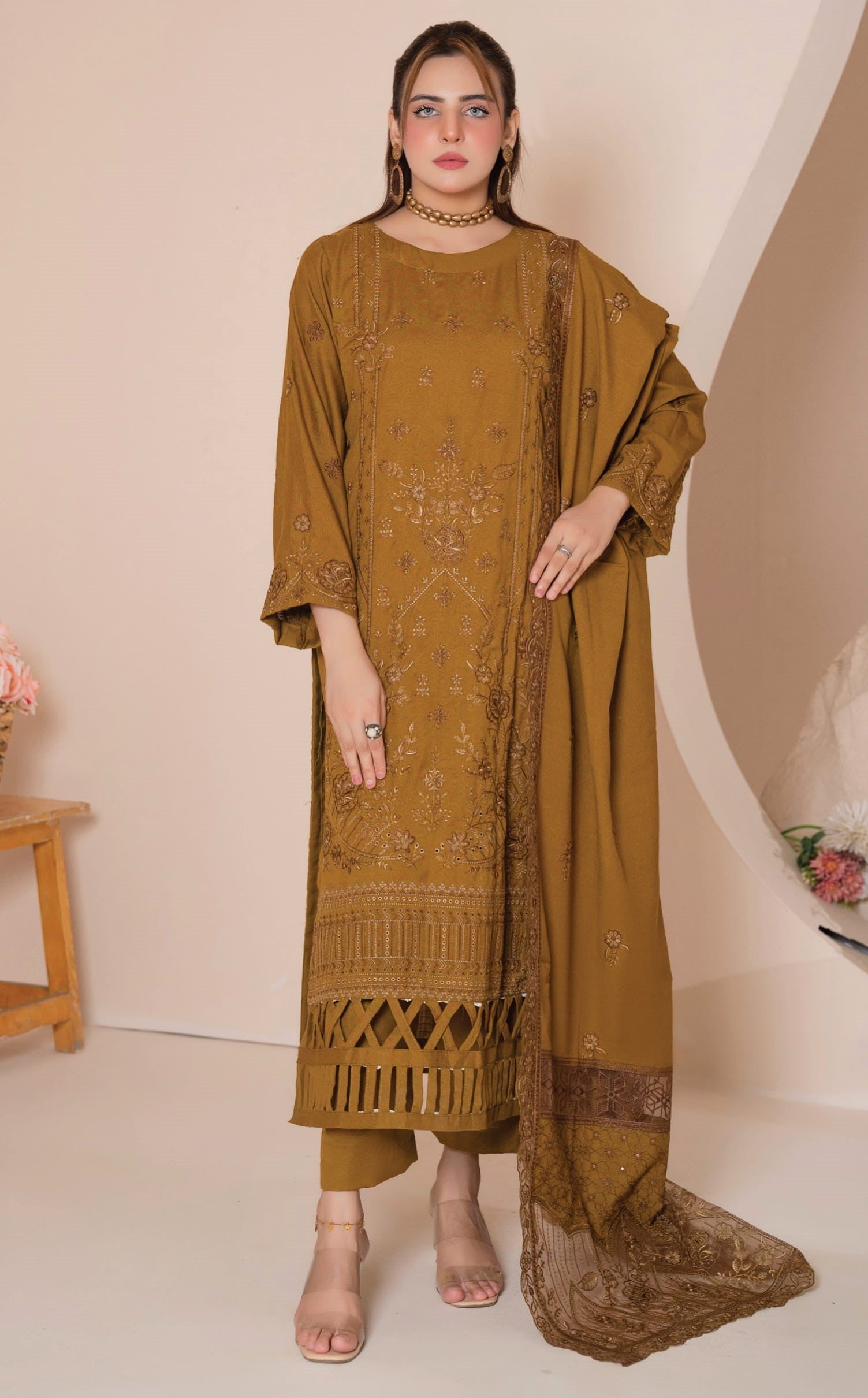 AANGAN-3 Piece Embroidered Self Slub Peach (Unstitched)