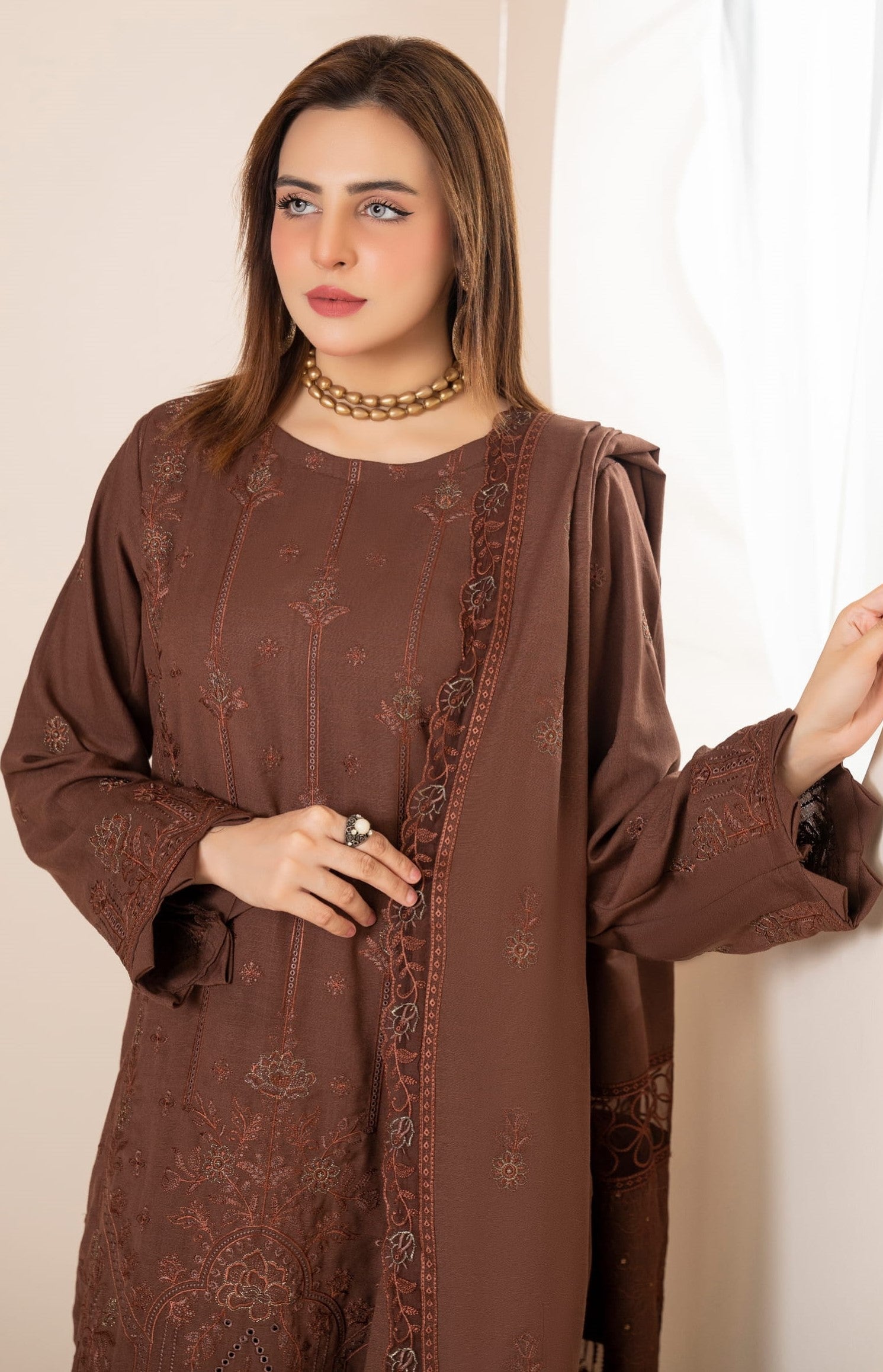 AANGAN-3 Piece Embroidered Self Slub Peach (Unstitched)