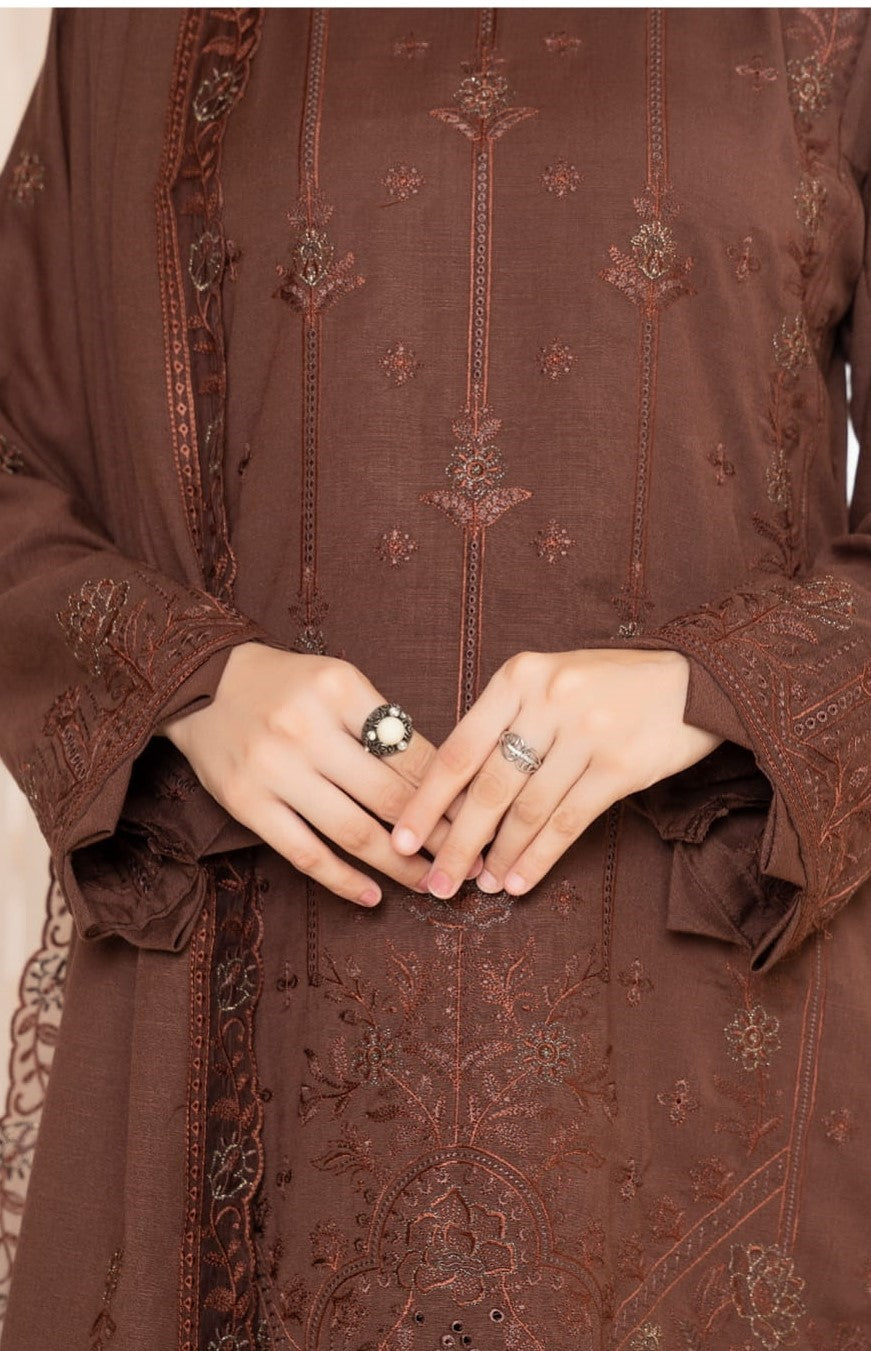 AANGAN-3 Piece Embroidered Self Slub Peach (Unstitched)