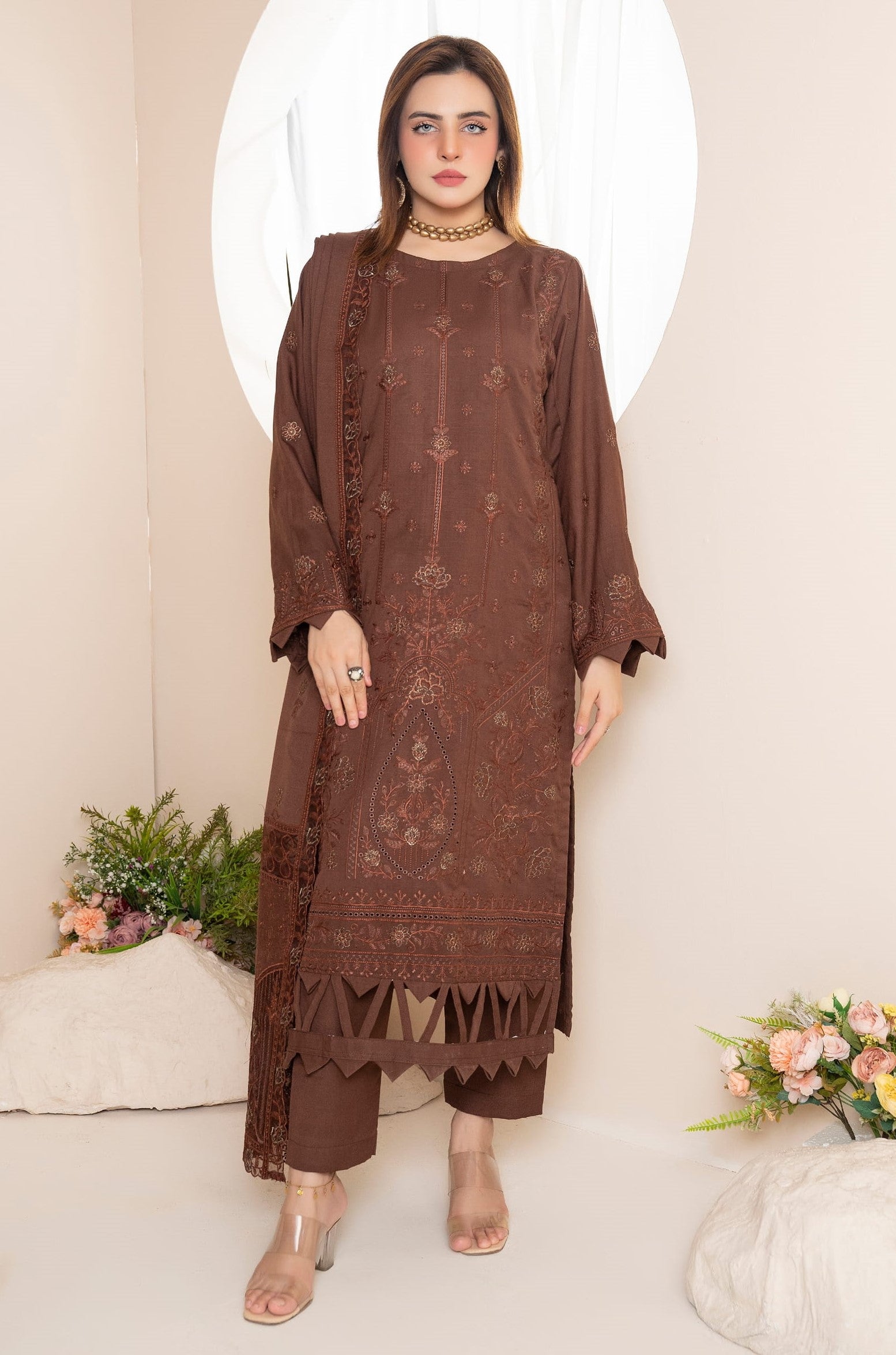 AANGAN-3 Piece Embroidered Self Slub Peach (Unstitched)