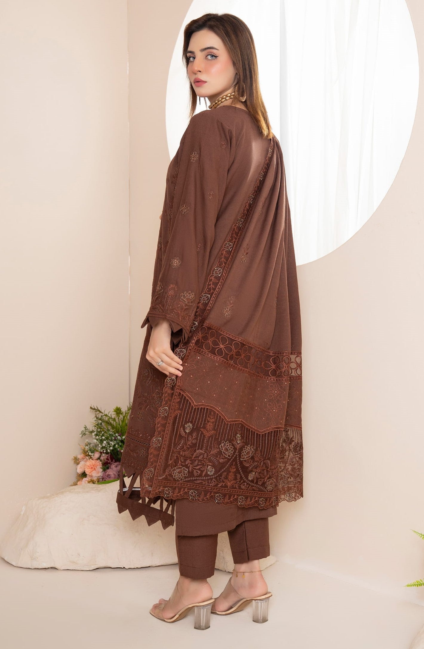 AANGAN-3 Piece Embroidered Self Slub Peach (Unstitched)