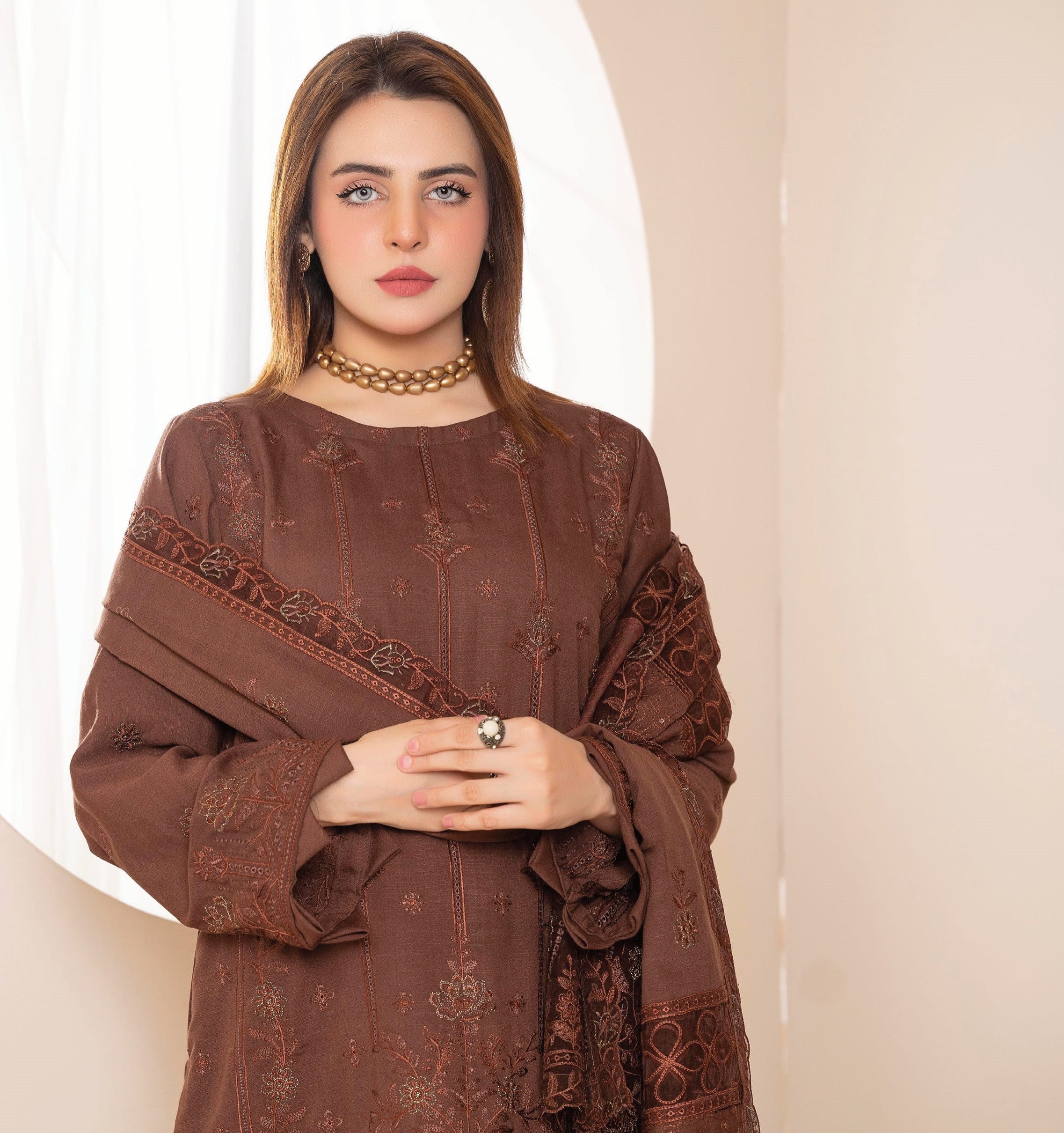 AANGAN-3 Piece Embroidered Self Slub Peach (Unstitched)