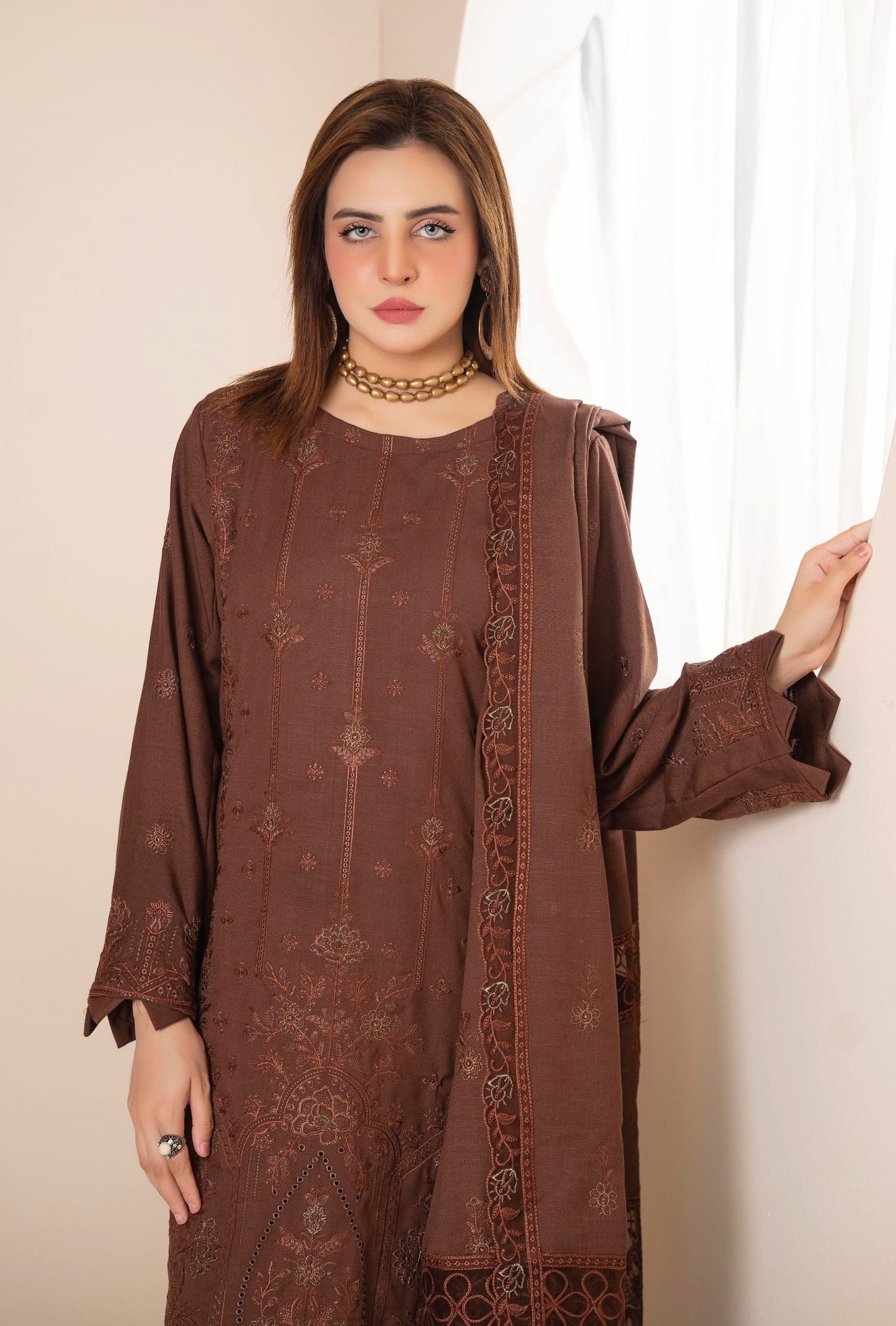 AANGAN-3 Piece Embroidered Self Slub Peach (Unstitched)