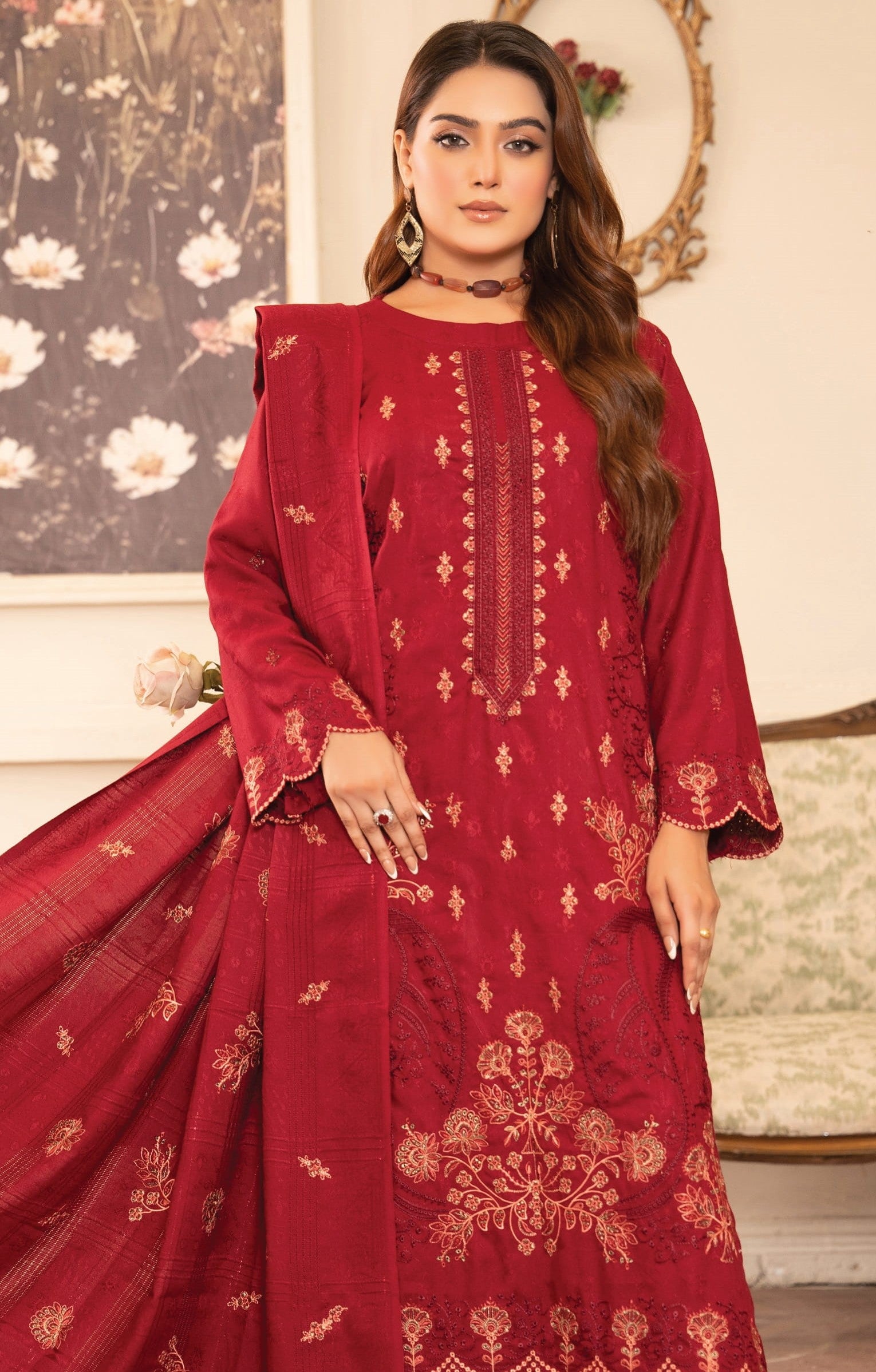 NOORAIN-3 Piece Embroidered Slub Sweet Peach (Unstitched)