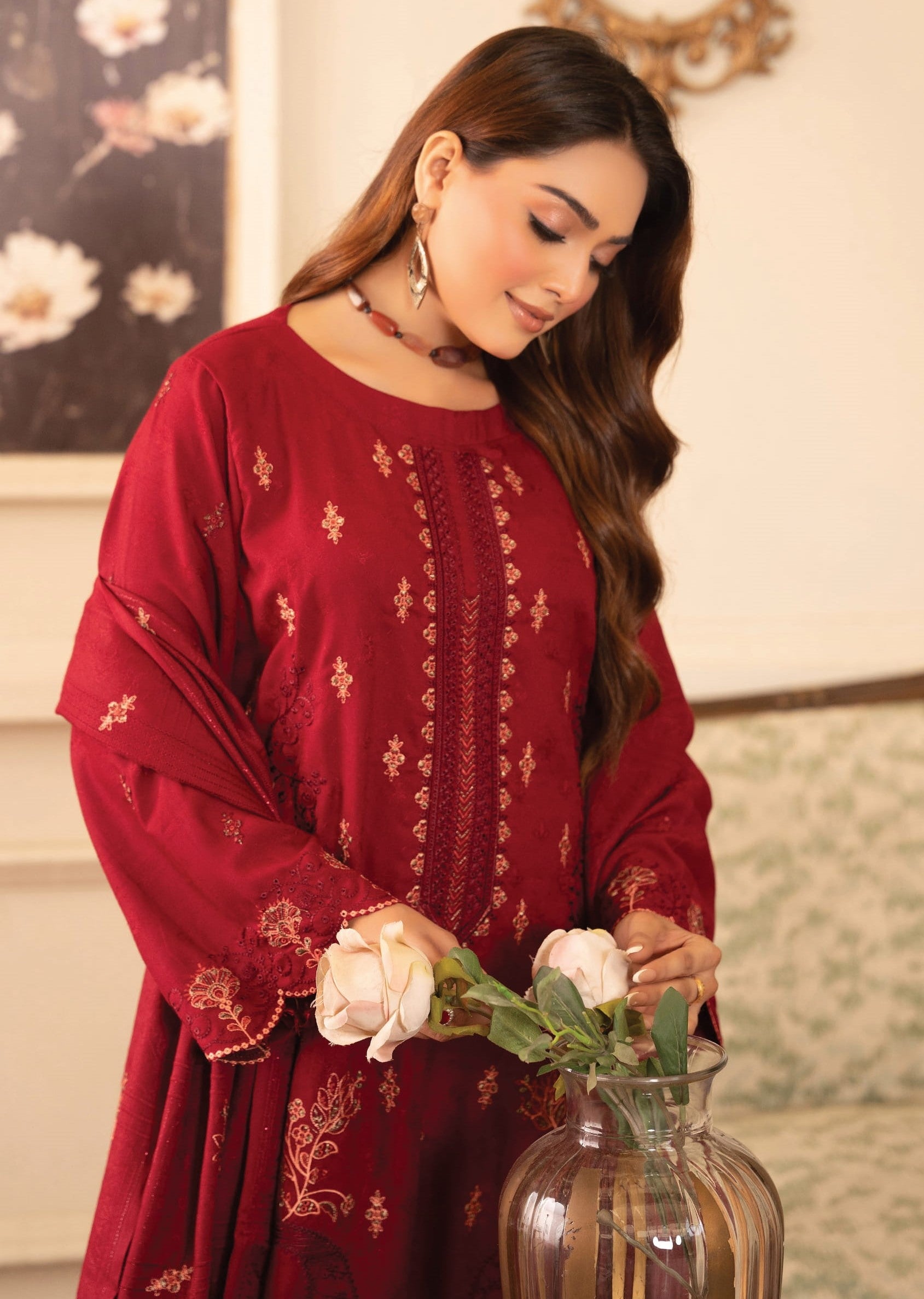 NOORAIN-3 Piece Embroidered Slub Sweet Peach (Unstitched)