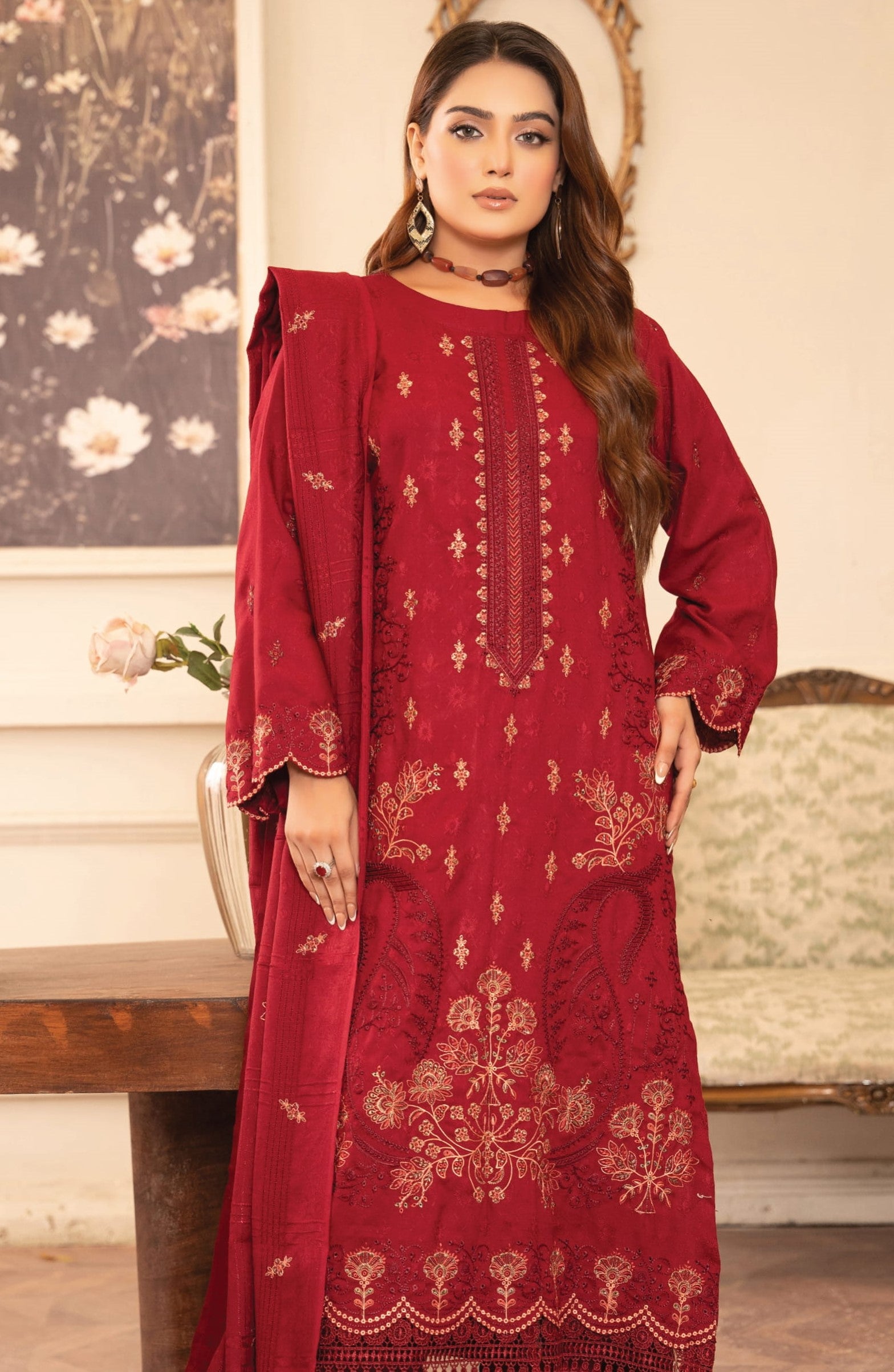 NOORAIN-3 Piece Embroidered Slub Sweet Peach (Unstitched)