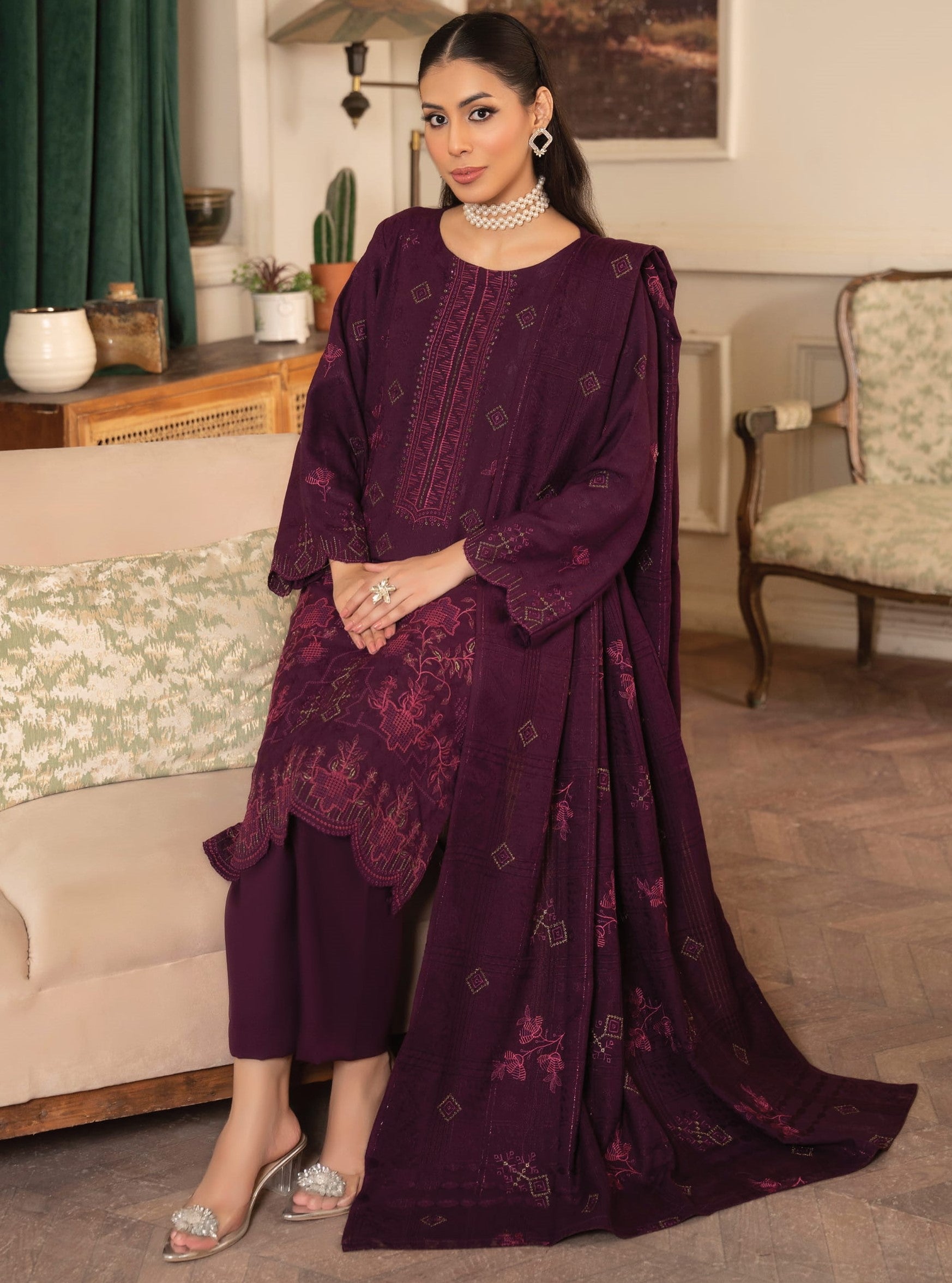 NOORAIN-3 Piece Embroidered Slub Sweet Peach (Unstitched)