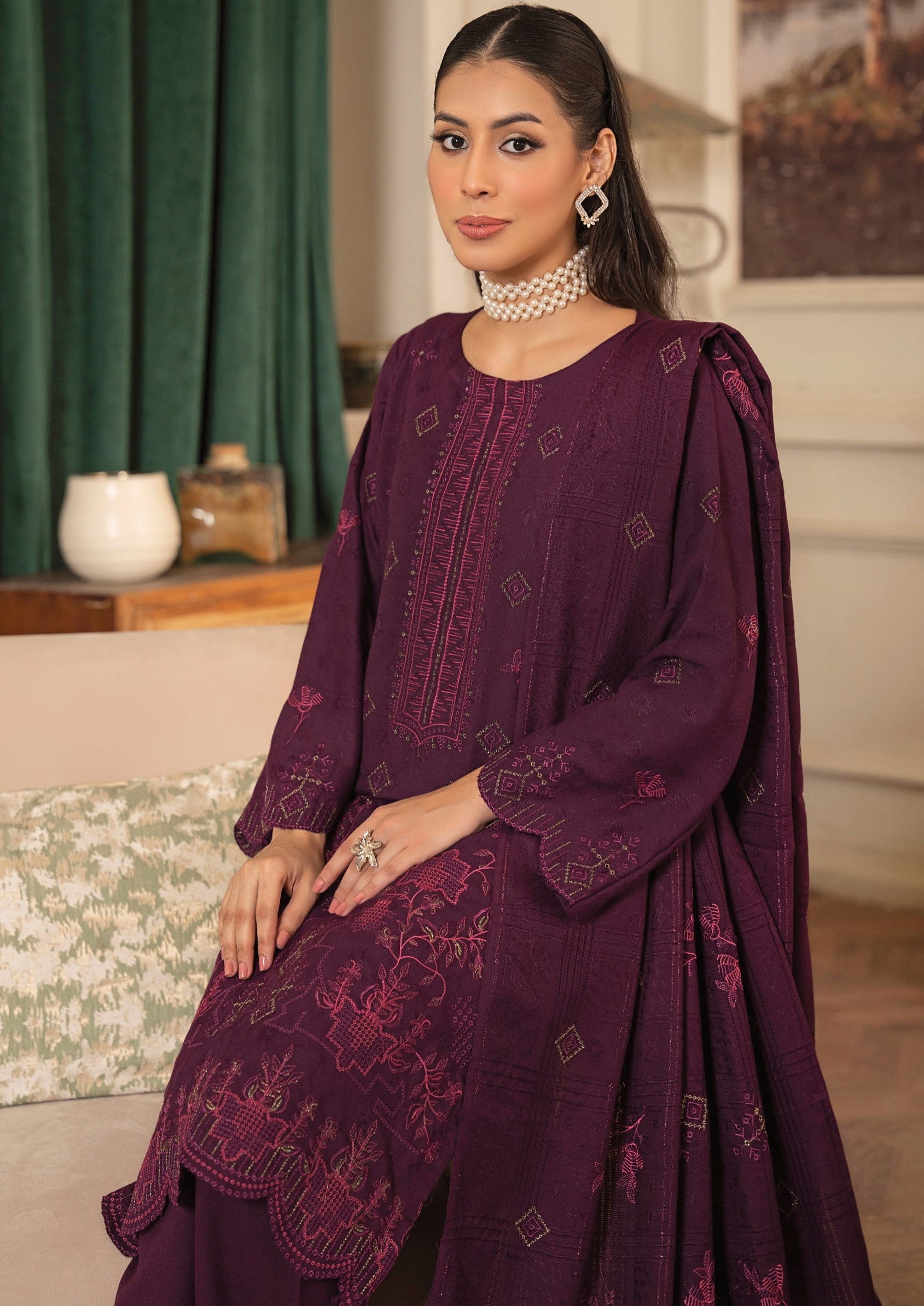 NOORAIN-3 Piece Embroidered Slub Sweet Peach (Unstitched)