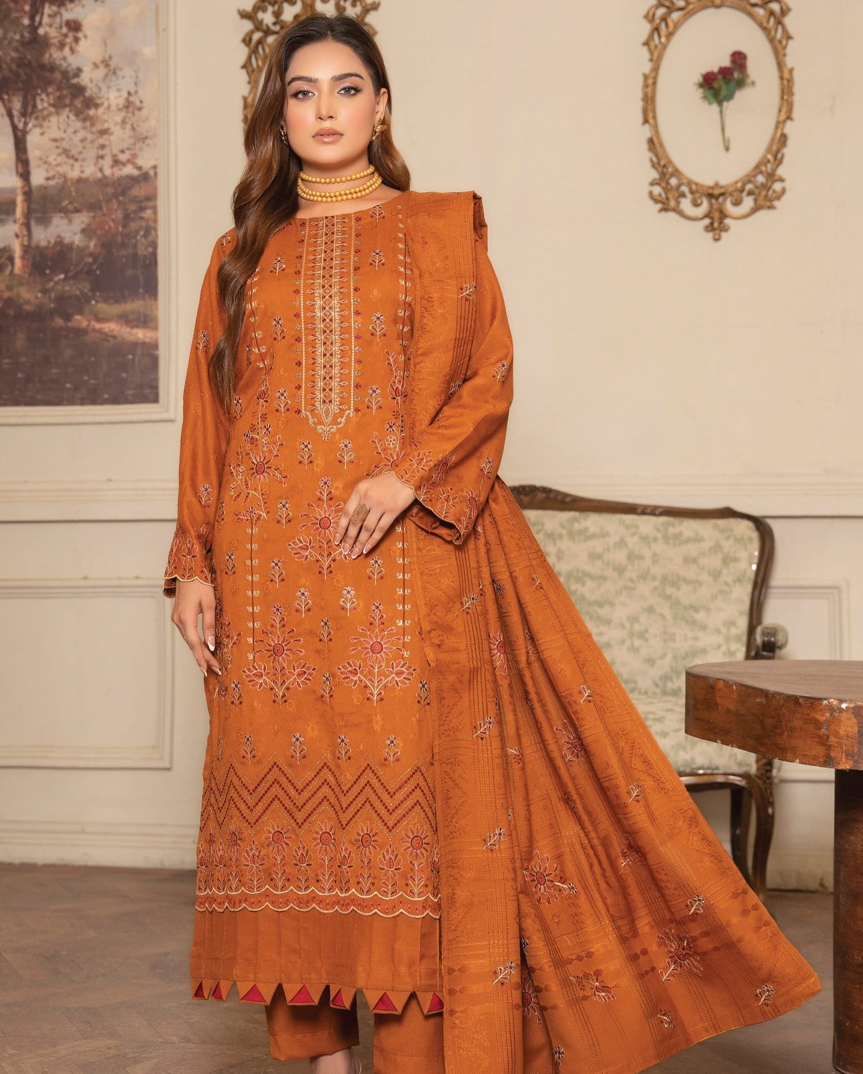 NOORAIN-3 Piece Embroidered Slub Sweet Peach (Unstitched)