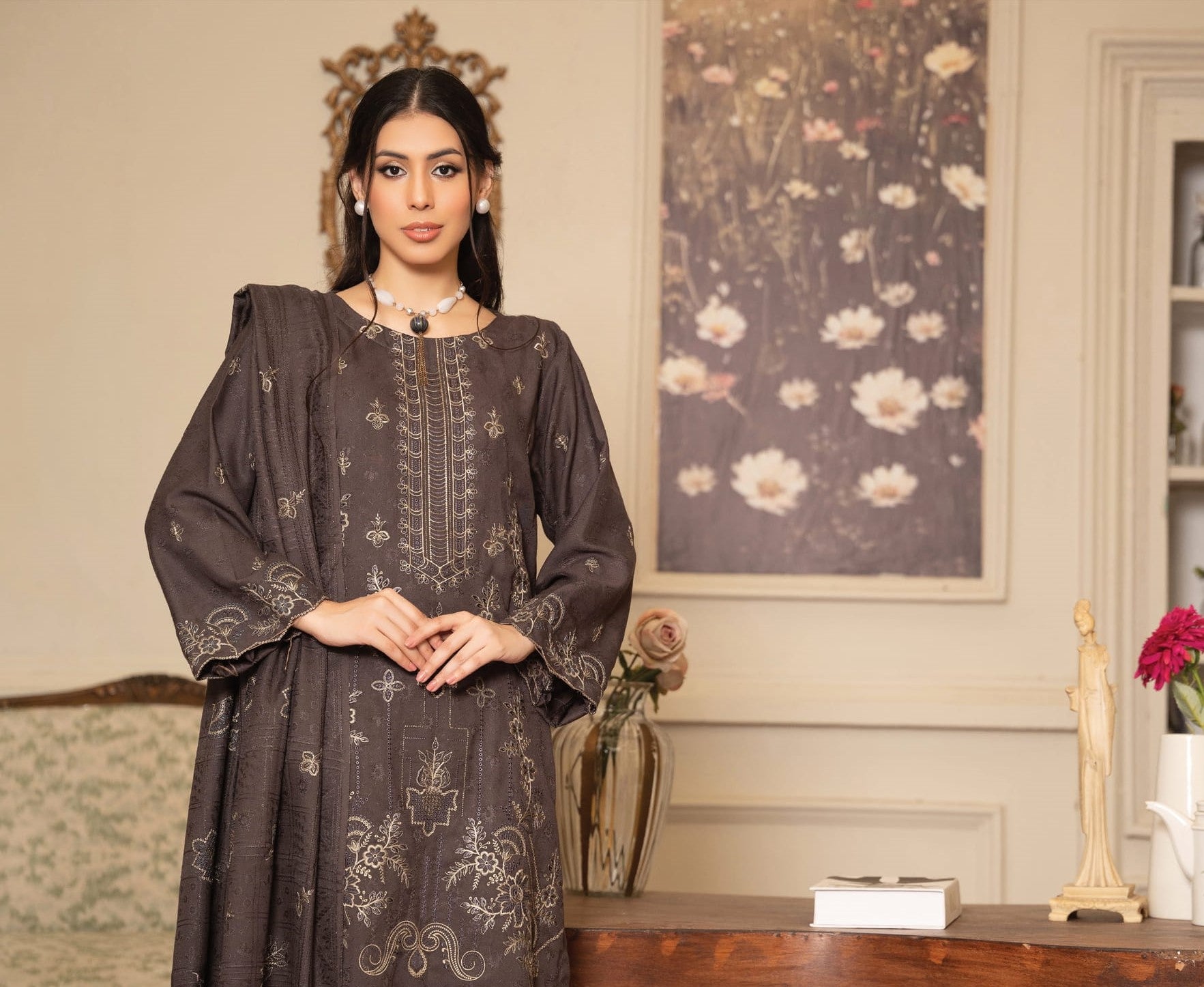 NOORAIN-3 Piece Embroidered Slub Sweet Peach (Unstitched)