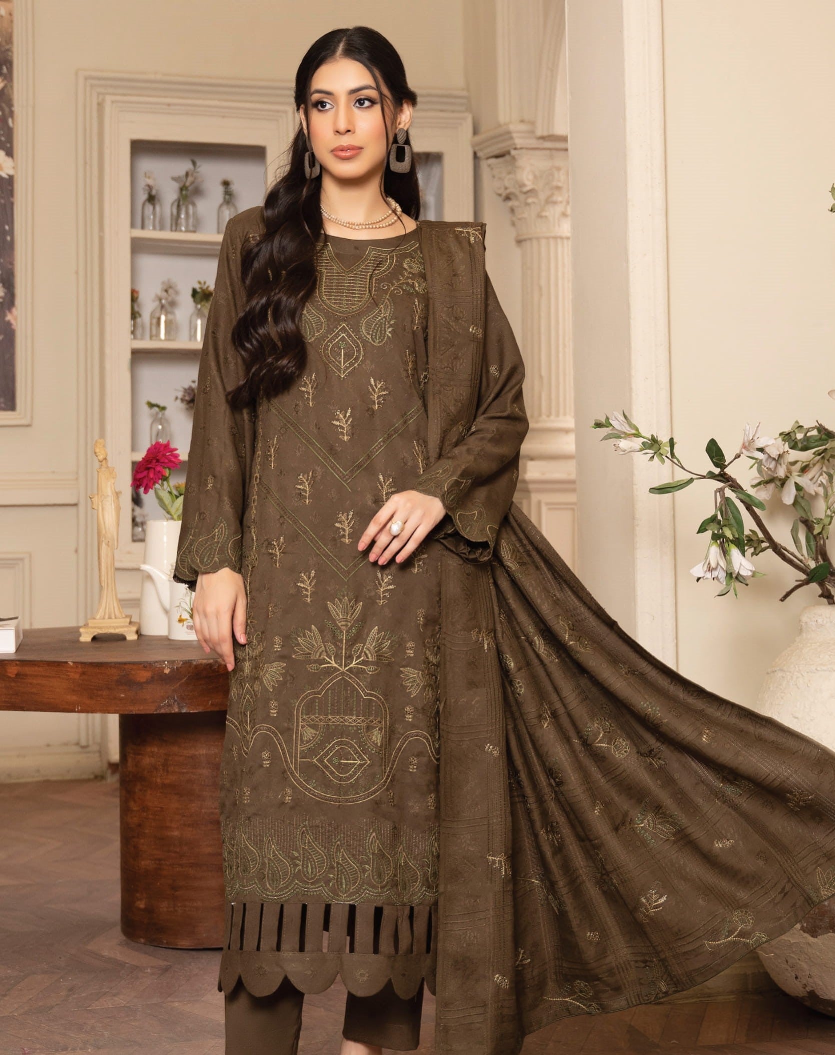 NOORAIN-3 Piece Embroidered Slub Sweet Peach (Unstitched)