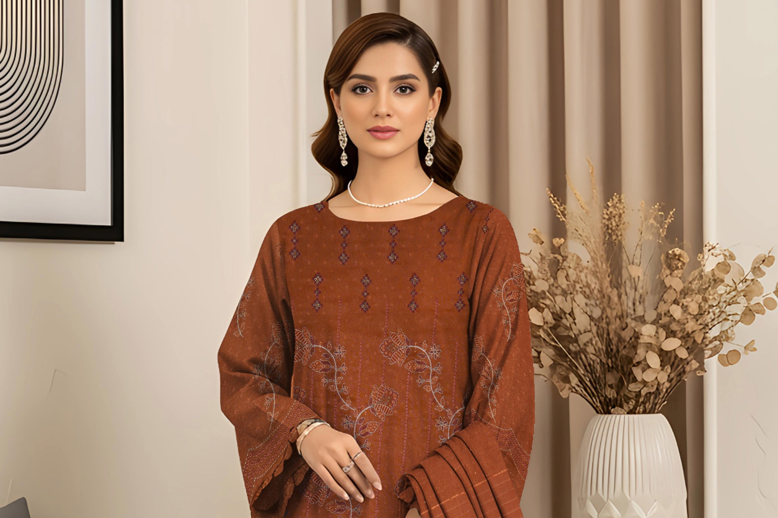 RESHAM-3 Piece Embroidered Sweet Masoori Peach (Unstitched)
