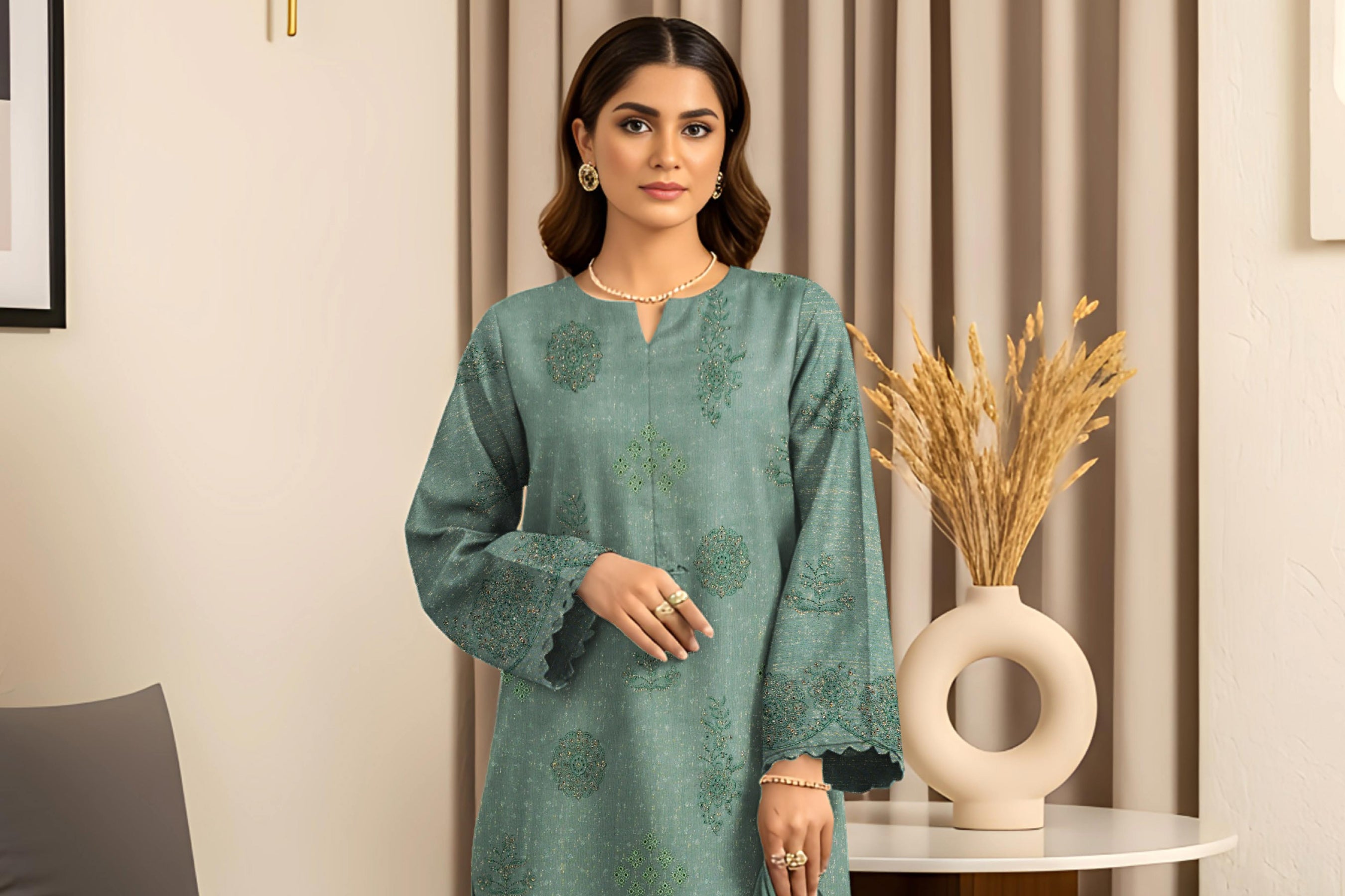 RESHAM-3 Piece Embroidered Sweet Masoori Peach (Unstitched)