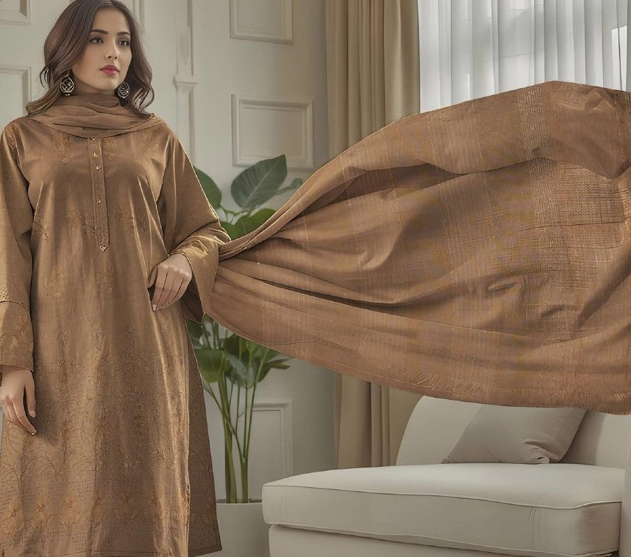 RESHAM-3 Piece Embroidered Sweet Masoori Peach (Unstitched)