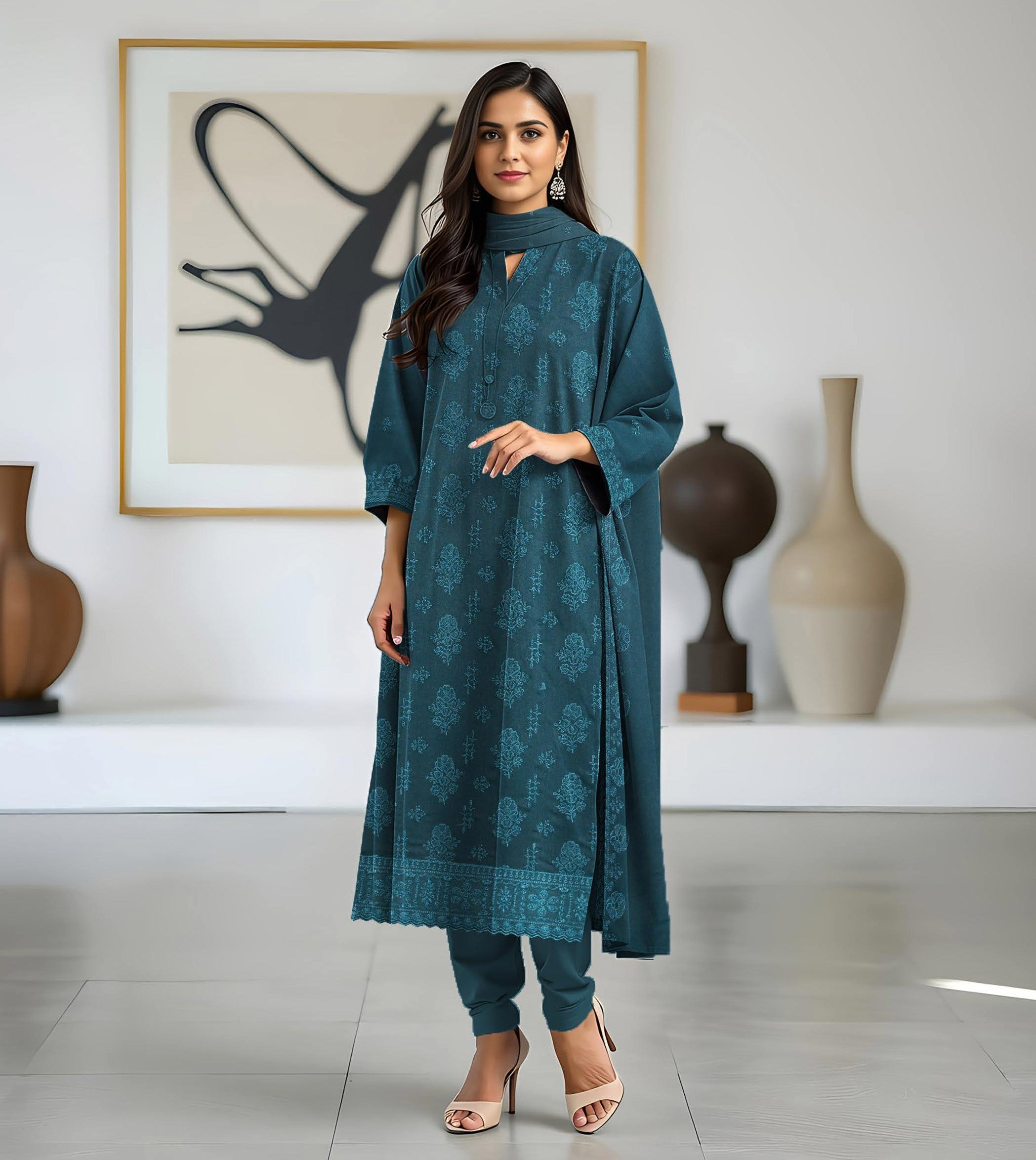 MAZRAN-3 Piece Dhanak Embroidered (Unstitched)